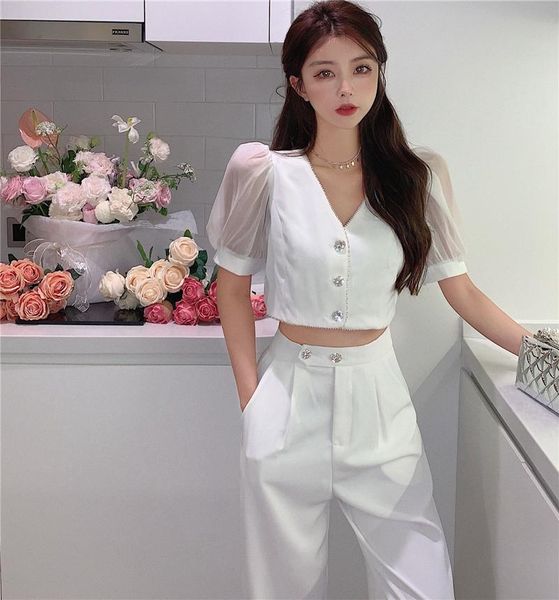 women's two piece pants office lady summer set women single breasted cropped + trousers elegant tracksuit outfits vintage c623, White
women's two piece pants office lady summer set women single breasted cropped + trousers elegant tracksuit outfits vintage c623, White