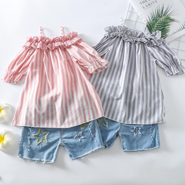 summer 2pcs kids girls clothes sets 1-5y striped off shoulder short sleeve t shirts denim hole shorts clothing, White
summer 2pcs kids girls clothes sets 1-5y striped off shoulder short sleeve t shirts denim hole shorts clothing, White