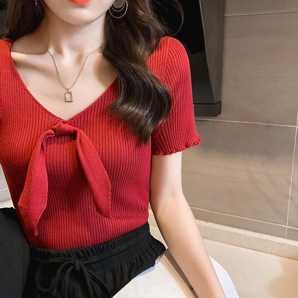 women's t-shirt japan korea style fashion red thin knitted t shirts summer short sleeve solid color v neck bow ins tee harajuku girl ts, White
women's t-shirt japan korea style fashion red thin knitted t shirts summer short sleeve solid color v neck bow ins tee harajuku girl ts, White