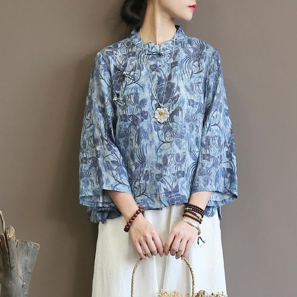 women's blouses & shirts johnature women chinses style and 2021 autumn stand nine sleeve blue print floral plus size, White
women's blouses & shirts johnature women chinses style and 2021 autumn stand nine sleeve blue print floral plus size, White