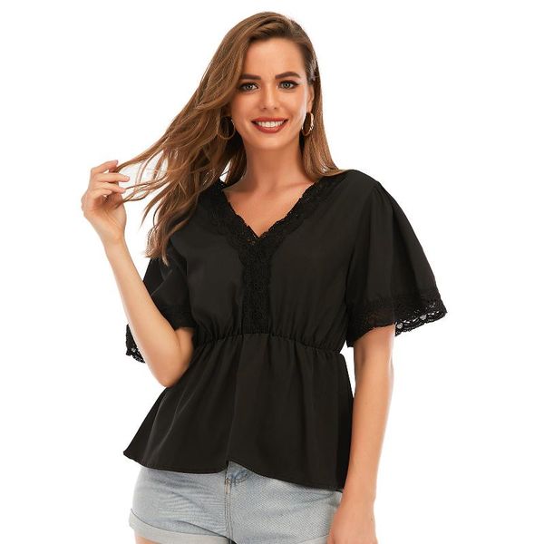 women's blouses & shirts women blouse lace trim v neck elastic waist back drawstring shirt casual summer backless blusas, White
women's blouses & shirts women blouse lace trim v neck elastic waist back drawstring shirt casual summer backless blusas, White