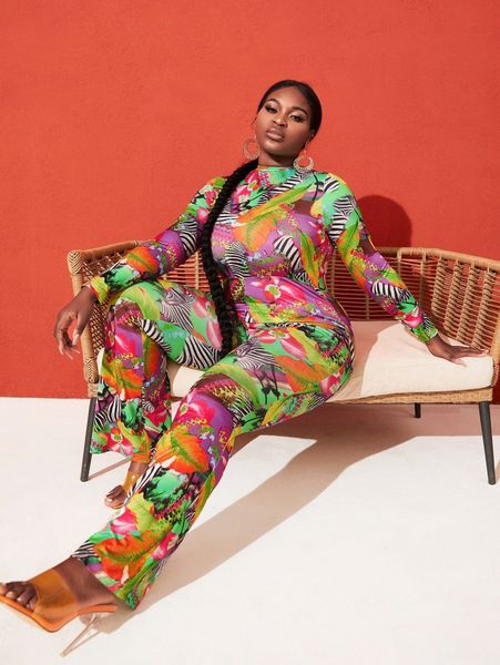 sxy plus mock neck tropical print flare leg jumpsuit r6lo#, Black 
sxy plus mock neck tropical print flare leg jumpsuit r6lo#, Black