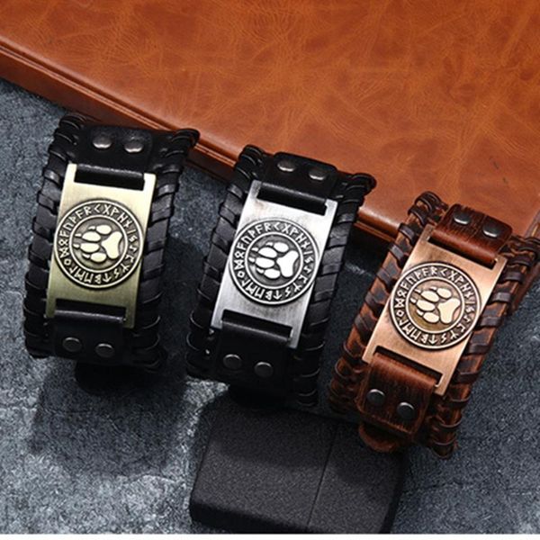 link, chain 2021 wild vintage mens leather punk bracelet adjustable size viking jewelry bear nordic runes for men bangleas, Black
link, chain 2021 wild vintage mens leather punk bracelet adjustable size viking jewelry bear nordic runes for men bangleas, Black