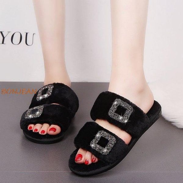 winter women's slippers fashion round toe crystal square buckle ladies furry solid comfortable flat, Black
winter women's slippers fashion round toe crystal square buckle ladies furry solid comfortable flat, Black