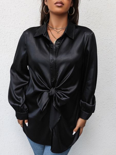 plus knot front satin blouse w6st#, Black