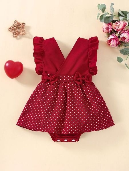 baby ruffle trimed polka dot wrap dress she, Red;yellow 
baby ruffle trimed polka dot wrap dress she, Red;yellow