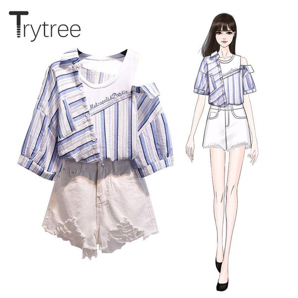 trytree 2021 summer women two piece set casual o-neck patchwork stripe blouse + shorts denim hole fashion 2 women's tracksuits, Gray
trytree 2021 summer women two piece set casual o-neck patchwork stripe blouse + shorts denim hole fashion 2 women's tracksuits, Gray