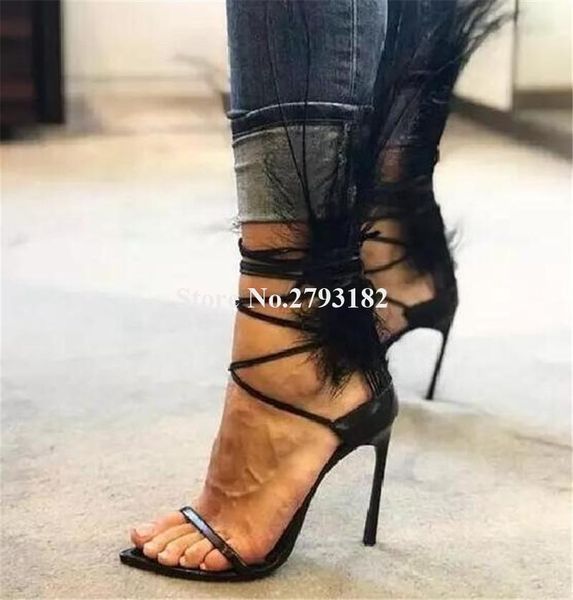 women charming fashion open toe feather decorated stiletto heel gladiator sandals thin straps cross high dress, Black
women charming fashion open toe feather decorated stiletto heel gladiator sandals thin straps cross high dress, Black