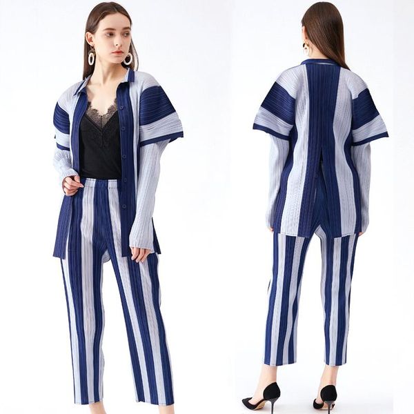 women's two piece pants miyake pleated striped temperament long-sleeved shirt and trousers two-piece suit, White
women's two piece pants miyake pleated striped temperament long-sleeved shirt and trousers two-piece suit, White