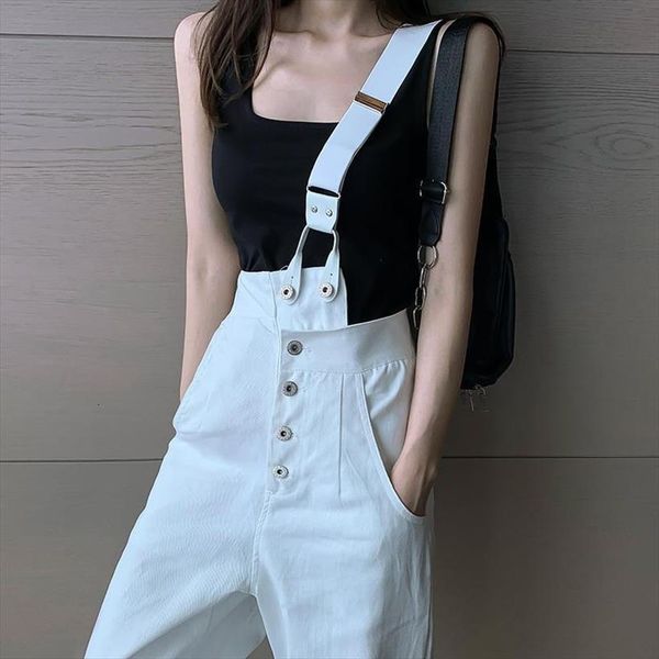 high waist button jeans handsome women capri white overalls korean street straight casual denim, Black;white
high waist button jeans handsome women capri white overalls korean street straight casual denim, Black;white