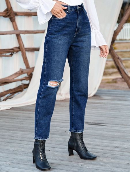 high waisted slant pocket ripped mom jeans k6m9#, Blue 
high waisted slant pocket ripped mom jeans k6m9#, Blue