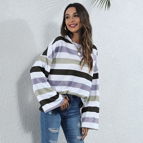 women spring long sleeve t shir casual sriped loose o-neck wide shirs for female 210524, White
women spring long sleeve t shir casual sriped loose o-neck wide shirs for female 210524, White