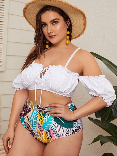 plus plant print frill trim tie front off the shoulder bikini swimsuit q23a#, Black
plus plant print frill trim tie front off the shoulder bikini swimsuit q23a#, Black