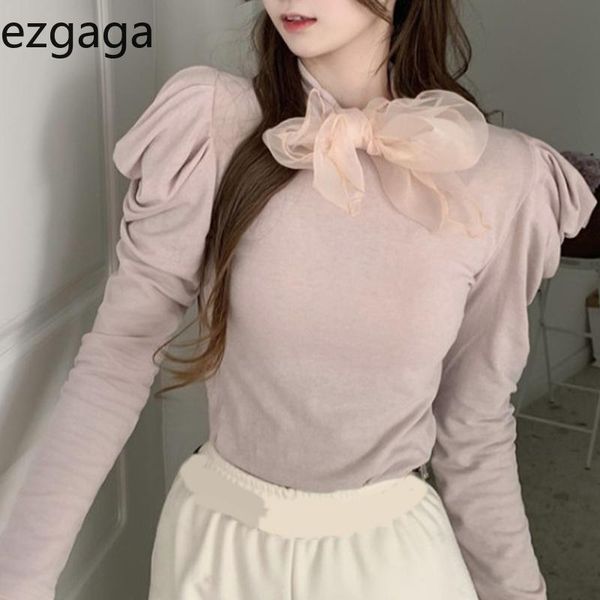 women's t-shirt ezgaga elegant tshirts women bowknot removable slim puff sleeve all-match solid base office lady korean t shirts fashio, White 
women's t-shirt ezgaga elegant tshirts women bowknot removable slim puff sleeve all-match solid base office lady korean t shirts fashio, White