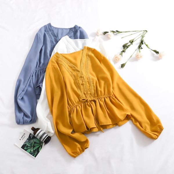 women autumn v-neck lantern sleeve pleated chiffon hollow out lace ruffles shirt vintage short elastic slim pullover blouse women's bl, White
women autumn v-neck lantern sleeve pleated chiffon hollow out lace ruffles shirt vintage short elastic slim pullover blouse women's bl, White
