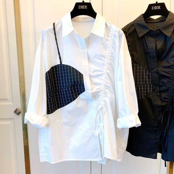women spring autumn plaid irregular split joint blouse lapel long sleeve loose fit shirt fashion 210601, White
women spring autumn plaid irregular split joint blouse lapel long sleeve loose fit shirt fashion 210601, White