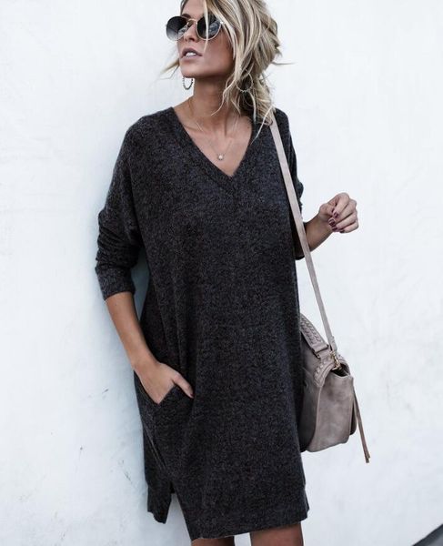 casual dresses v-neck knit woman spring autumn long sleeve solid black khaki pockets female, Black;gray
casual dresses v-neck knit woman spring autumn long sleeve solid black khaki pockets female, Black;gray