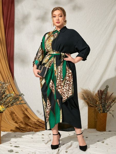 plus paisley & leopard print roll tab sleeve belted shirt dress n4kb#, Black