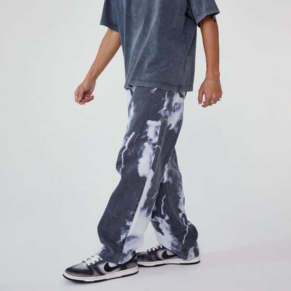 men casual loose straight denim pants tie dye lightning print grey long trouser straight jeans, Blue
men casual loose straight denim pants tie dye lightning print grey long trouser straight jeans, Blue