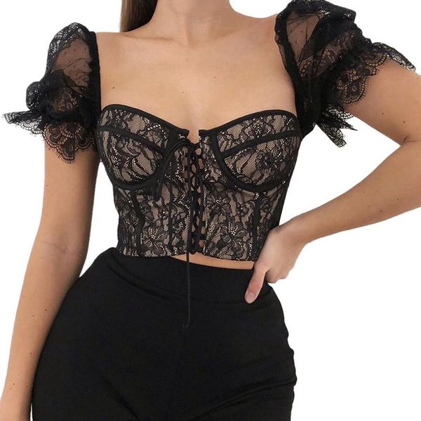 stretch lace corset embroidered blouse see through underwire blouses billowy sleeve crop women's & shirts, White 
stretch lace corset embroidered blouse see through underwire blouses billowy sleeve crop women's & shirts, White