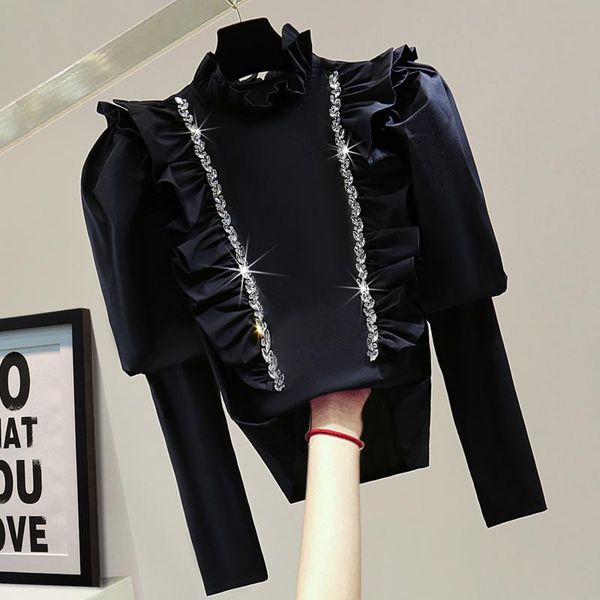 women's blouses & shirts diamonds solid puff sleeve blouse women 2021 autumn korean ruffle long stand collar casual shirt ol elegant pu, White
women's blouses & shirts diamonds solid puff sleeve blouse women 2021 autumn korean ruffle long stand collar casual shirt ol elegant pu, White