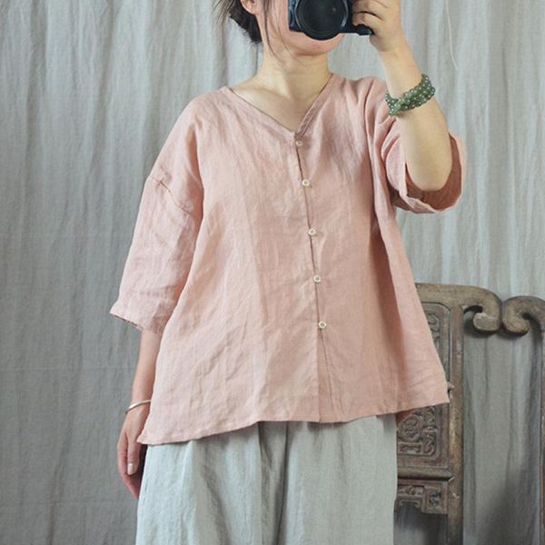 women's blouses & shirts johnature women ramie v-neck seven sleeve 2021 fall button loose solid color female vintage and, White
women's blouses & shirts johnature women ramie v-neck seven sleeve 2021 fall button loose solid color female vintage and, White
