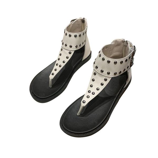 women's rivet belt buckle clip toe sandals 2021 summer romanesque round head flat bottom high ladies beach shoes, Black 
women's rivet belt buckle clip toe sandals 2021 summer romanesque round head flat bottom high ladies beach shoes, Black