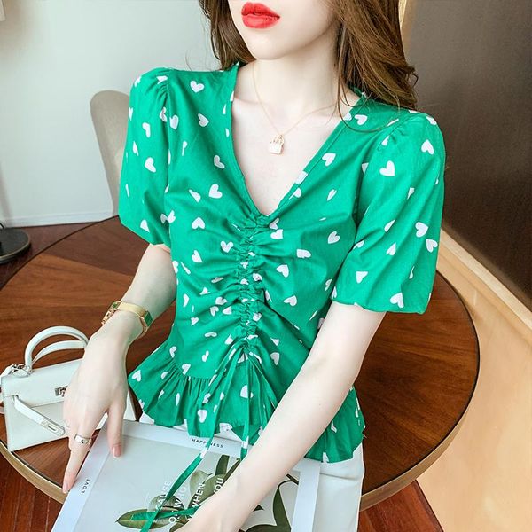 women's blouses & shirts female 2021 summer v neck collar puff sleeve shirring drawstring ruffle print love heart pullover short blouse, White
women's blouses & shirts female 2021 summer v neck collar puff sleeve shirring drawstring ruffle print love heart pullover short blouse, White