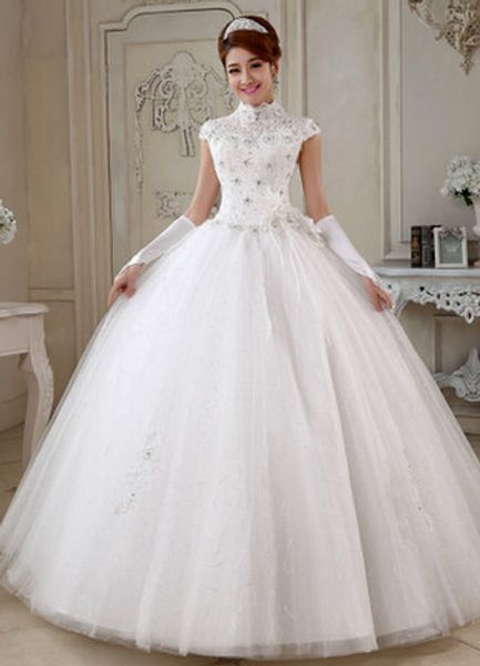 2018 new high neck lace tulle wedding dress with flower zipper back crystal vintage wedding gowns, White
2018 new high neck lace tulle wedding dress with flower zipper back crystal vintage wedding gowns, White