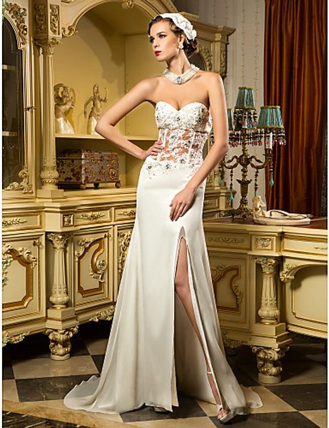 2016 new fashion popular ivory sweep/brush train sweetheart appliques split chiffon/tulle sheath modern wedding dresses 185, White
2016 new fashion popular ivory sweep/brush train sweetheart appliques split chiffon/tulle sheath modern wedding dresses 185, White