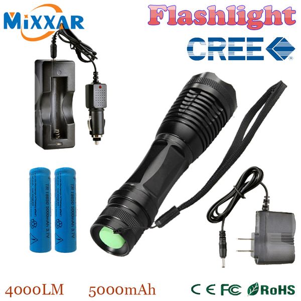 Wholesale-zk20 E17 Cree Xm-l T6 Led 4000lm E17 Aluminum Torches Zoomable Led Torch Lamp Contain Two Batteries Two Chargers
