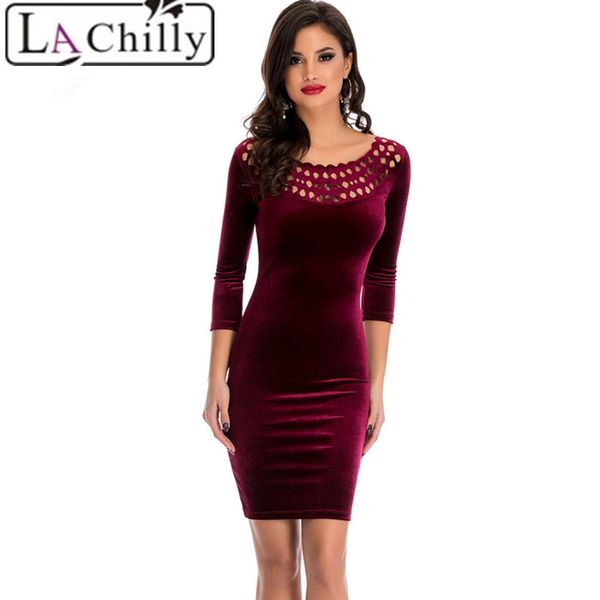 

wholesale- la chilly 2017 office sheath dress burgundy hollow out round neck sleeved velvet dress lc22925 night club autumn winter dresses, White;black