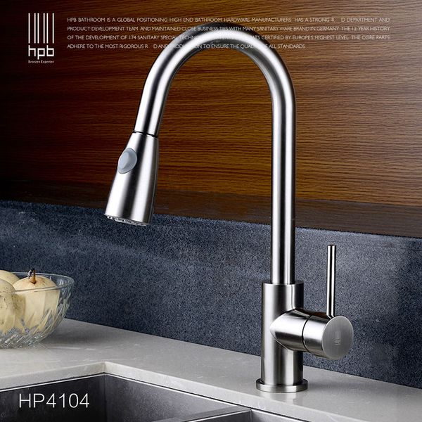 

wholesale- hpb brass brushed pull out spray kitchen faucet mixer tap for sinks single handle deck mounted and cold water pb-hp4104