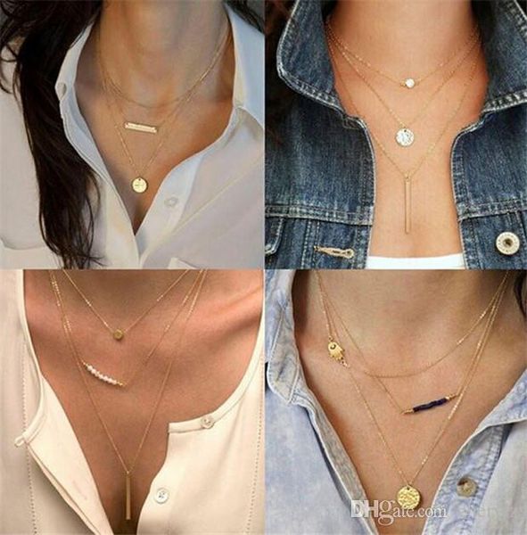 12pcs Hot Multi Layered Necklace Gold Plated 4 styles Fashion Pearl Beads Charms Pendant Necklaces Women Girls Jewelry K061