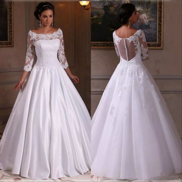 new lace a line wedding dresses 2018 with 3/4 long sleeves sheer scoop neck appliques wedding bridal gowns, White
new lace a line wedding dresses 2018 with 3/4 long sleeves sheer scoop neck appliques wedding bridal gowns, White