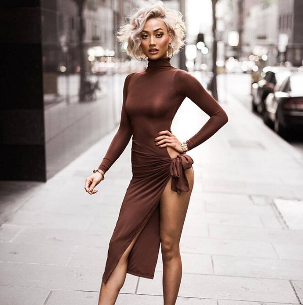 long sleeved women dress turtleneck split up irregular ties bandages design fashion bodycon dresses, Black;gray
long sleeved women dress turtleneck split up irregular ties bandages design fashion bodycon dresses, Black;gray