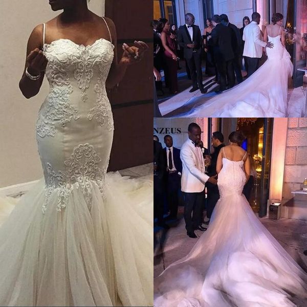 2018 african nigerian ivory mermaid lace wedding dresses straps sweetheart lace appliques with tulle chapel train bridal gowns robe de maria, White
2018 african nigerian ivory mermaid lace wedding dresses straps sweetheart lace appliques with tulle chapel train bridal gowns robe de maria, White