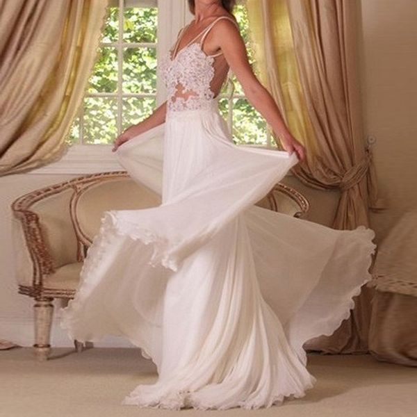 v-neck see through beach wedding dresses sheer straps backless appliques lace bridal gowns vestido de novia, White
v-neck see through beach wedding dresses sheer straps backless appliques lace bridal gowns vestido de novia, White