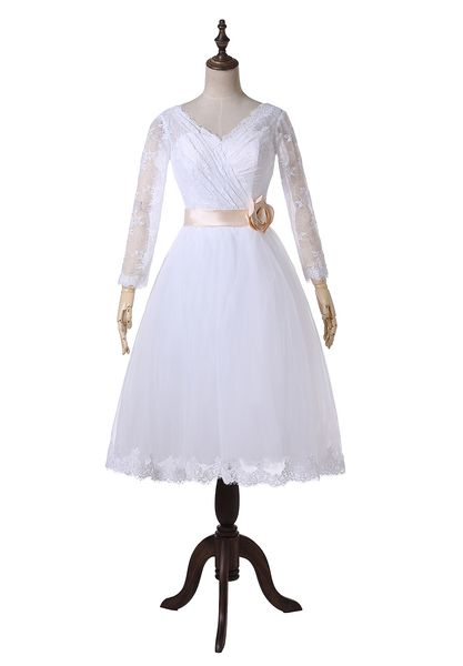 vintage short wedding dresses 2019 v-neck long sleeve flower belt lace tea length bridal gowns zipper back custom made w1009, White
vintage short wedding dresses 2019 v-neck long sleeve flower belt lace tea length bridal gowns zipper back custom made w1009, White