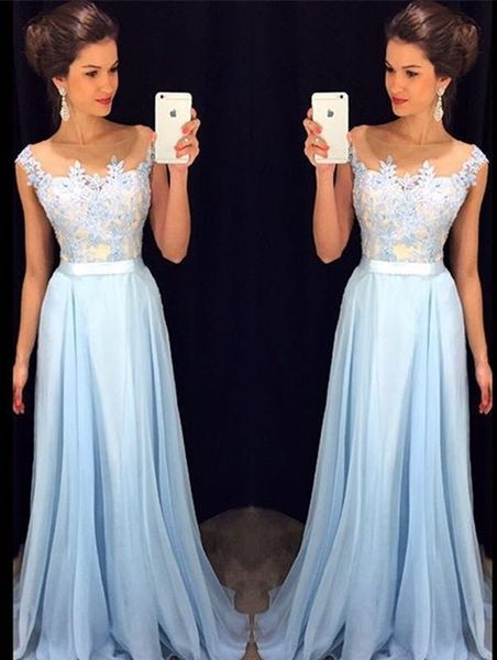 2018 light sky blue appliques prom dresses illusion neck capped sleeve chiffon formal party evening gowns vestidos de fiesta plus size, Black
2018 light sky blue appliques prom dresses illusion neck capped sleeve chiffon formal party evening gowns vestidos de fiesta plus size, Black