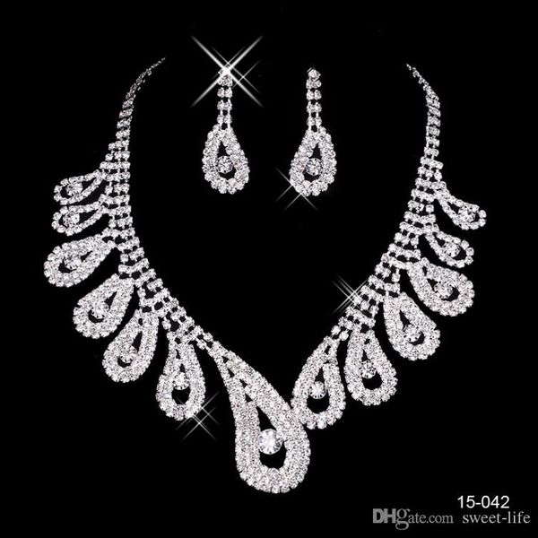 

Cheap New 15042 Hot Sale Womens Bridal Wedding Pageant Rhinestone Necklace Earrings Jewelry Sets for Party Bridal Jewelry