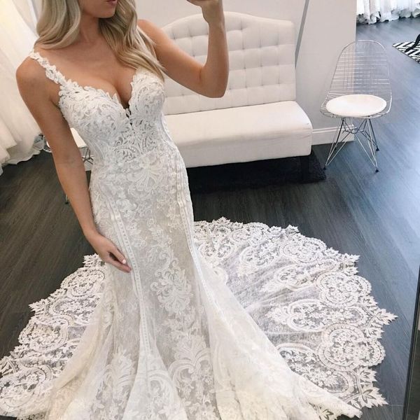 gorgeous mermaid berta lace wedding dresses appliqued straps v neck backless bridal gowns chapel plus size vestidos de nnovia, White
gorgeous mermaid berta lace wedding dresses appliqued straps v neck backless bridal gowns chapel plus size vestidos de nnovia, White