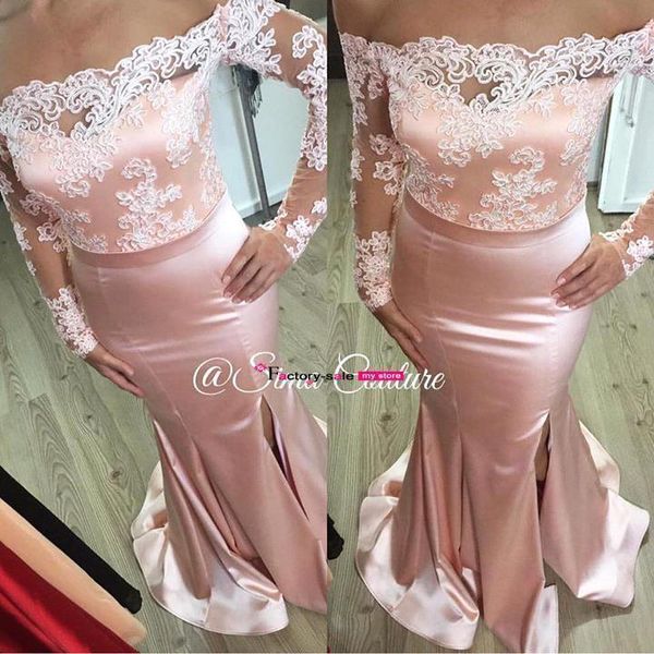 2021 bridesmaid dress off the shoulder long sleeves formal evening dresses lace split mermaid satin floor length prom dresses, White;pink