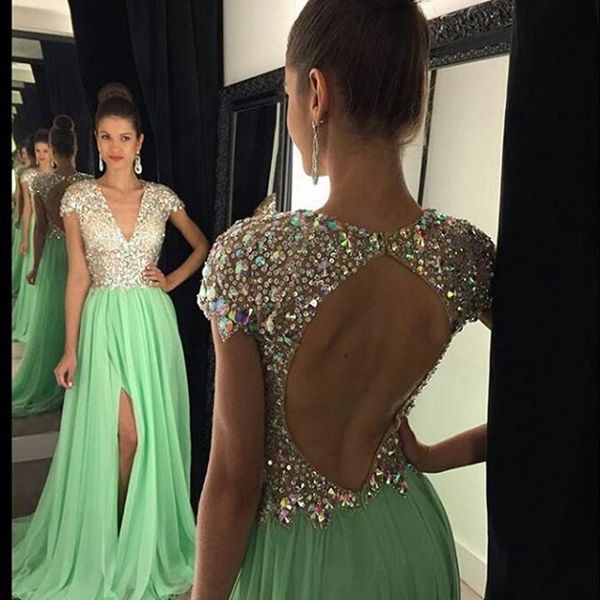 evening dresses 2016 new plunging v neck cap sleeves prom dress crystal beads chiffon split backless long sweep train formal party gowns, Black;red
evening dresses 2016 new plunging v neck cap sleeves prom dress crystal beads chiffon split backless long sweep train formal party gowns, Black;red