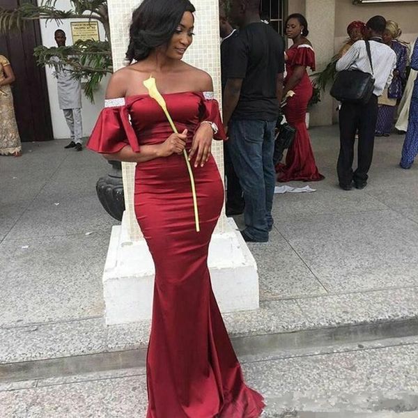 african dark red off the shoulder bridesmaid dress long short sleeves mermaid bridesmaids dresses maid of honor wedding guest dress, White;pink 
african dark red off the shoulder bridesmaid dress long short sleeves mermaid bridesmaids dresses maid of honor wedding guest dress, White;pink