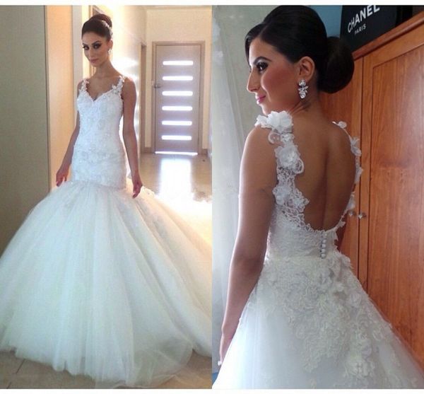 backless mermaid wedding dresses lace appliques vestidos de novia sheer tulle v neck sweep train arabic romantic backless bridal gowns, White
backless mermaid wedding dresses lace appliques vestidos de novia sheer tulle v neck sweep train arabic romantic backless bridal gowns, White
