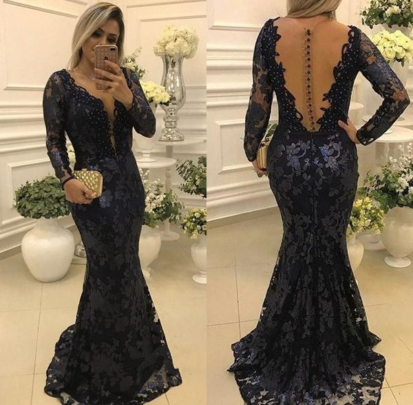 2018 elegant navy blue mermaid evening dresses see through lace appliques with long sleeves mother of the bride formal gown robe de soiree, Black;red 
2018 elegant navy blue mermaid evening dresses see through lace appliques with long sleeves mother of the bride formal gown robe de soiree, Black;red