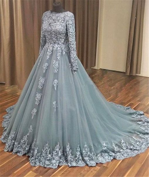 high neck grey lace applique long sleeves v-back long train wedding gowns ball gowns bridal dresses, White
high neck grey lace applique long sleeves v-back long train wedding gowns ball gowns bridal dresses, White