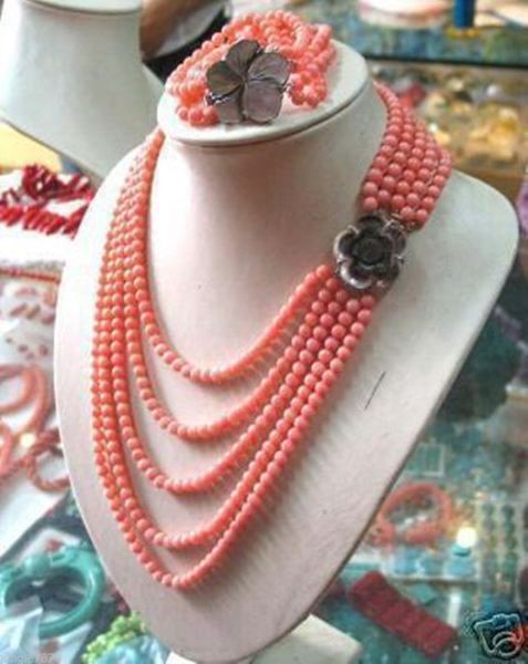 pink coral bead necklace bracelet set 17-21 inch, Black