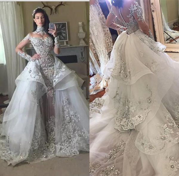 luxury crystal wedding dresses with detachable skirt high neck long sleeves beaded applique court train bridal gowns, White
luxury crystal wedding dresses with detachable skirt high neck long sleeves beaded applique court train bridal gowns, White